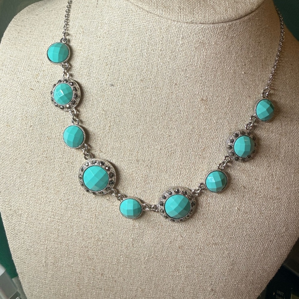 Monet Silver Tone Turquoise Statement Necklace Rh… - image 1